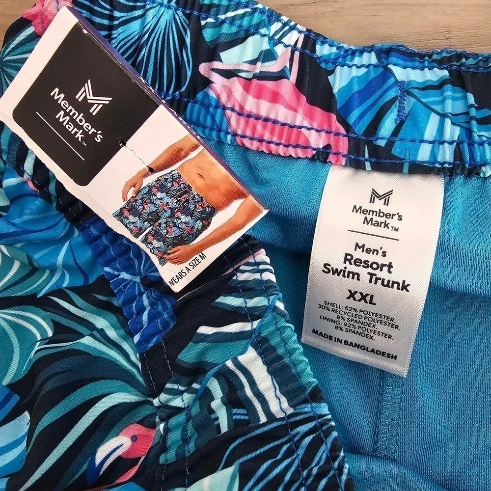 Member's Mark Men's Resort Swim Trunks XXL Blue Flamingo Swim Shorts UPF 50